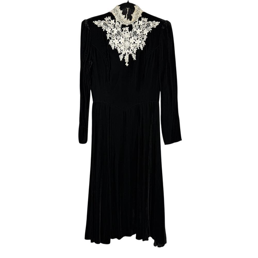Vintage 1980s Gunne Sax Jessica McClintock Black Velvet Midi Dress Basque 9